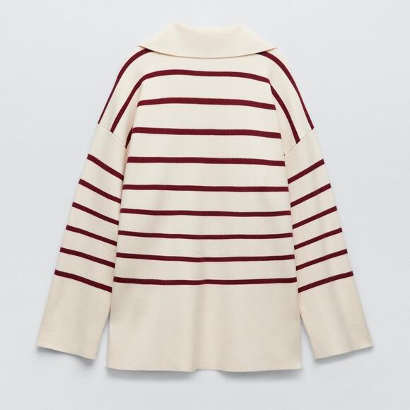 NWT Zara Oversized Striped Knit Polo Sweater Ecru Red Size Small Collared Top - Picture 7 of 16